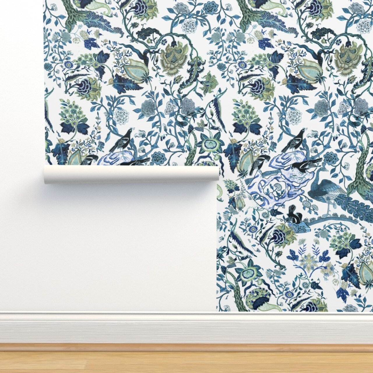 Green Blue Chinoiserie Floral Chinese Inspired Classic Custom Pre-pasted Wallpaper by Spoonflower Pre-Pasted Wallpaper 2FT Wide